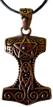 Thor's Hammer with Pentacle & Accent Cabochon: Bronze