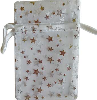 2 3/4" x 3" White organza pouch with Silver Stars